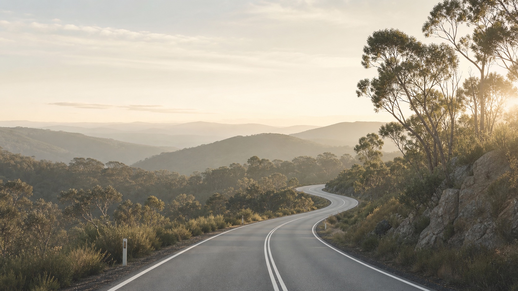 Open road curving through quiet bushland toward a clear horizon